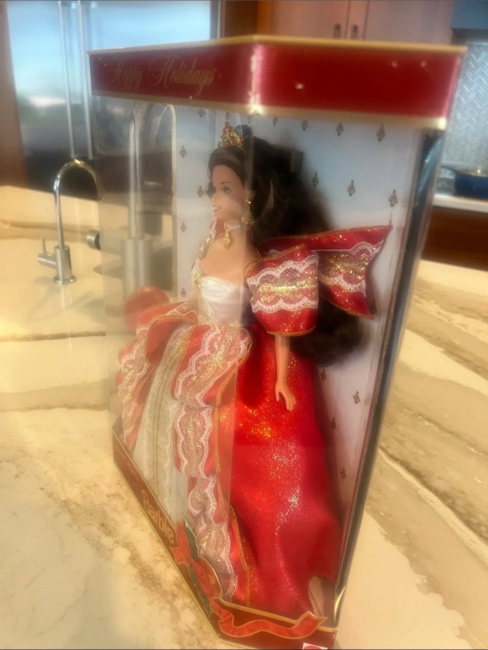 Barbie 1997 Happy Holidays Red Gold Holiday Gown Never Opened